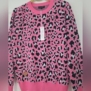 Simply Southern Pink Black Cheetah Animal Print Pullover Sweater Top Size S NWT